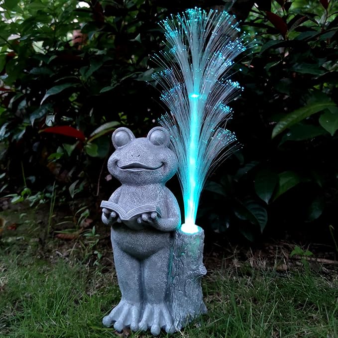Frog Statue Solar Garden Decor,Resin Frog Statues and Colour Changing Optical Fiber Solar Lights,Outdoor Decoration for Balcony, Garden, Patio, Yard, Lawn,Gifts for Mom Grandma