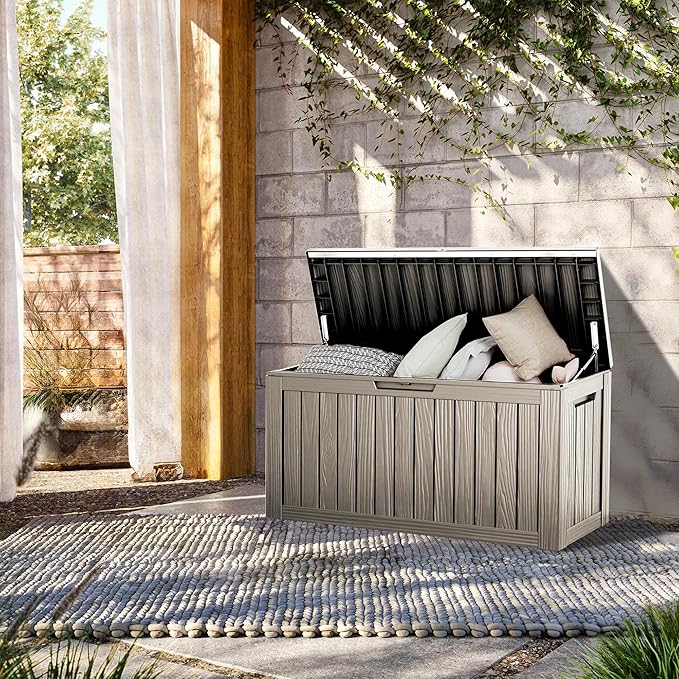80 Gallon Lockable Resin Deck Box, Waterproof & UV-Resistant Outdoor Storage Box for Outdoor Cushion Storage, Garden Tools & Pool Accessories Storage, Gray