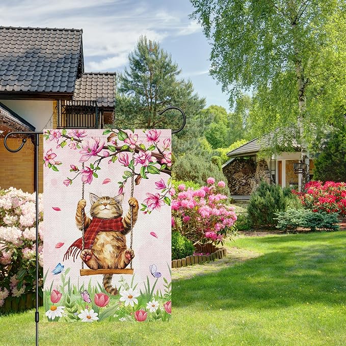 Heyfibro Spring Cute Cat Welcome Garden Flag 12x18 Inch Double Sided Burlap Butterfly Floral Yard Flag for Seasonal Holiday Farmhouse Outdoor Decor(ONLY FLAG)