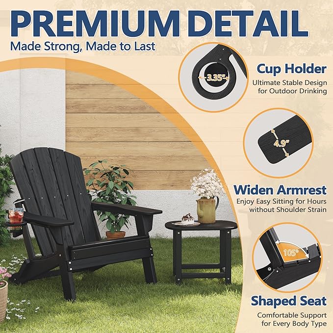 Folding Adirondack Chair Set of 4 with Cup Holder, HDPE All Weather Resistant Plastic Outdoor Patio Chairs, Heavy Duty Fire Pit Seating for Backyard Lawn Garden, Wooden Textured Design(Black)