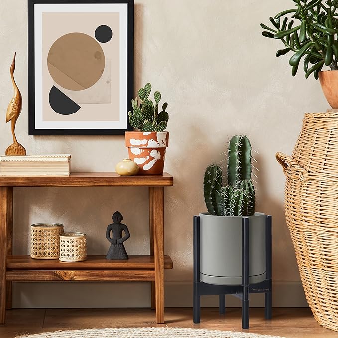 D'vine Dev Ceramic Planter with Ebony Stand - 10 Inch Modern Round Flower Pot with Wood Planter Holder, Grey, 55-B-L-3