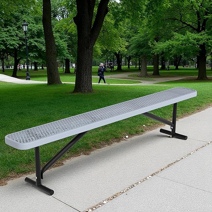 48" L Outdoor Steel Flat Bench, Heavy Duty Metal Park Bench for Outside, Expanded Metal, Commercial Benches Mesh Bench for Shopping Mall, Store, Lawn, Park, Patio, Deck, Garden (Grey, 8FT)