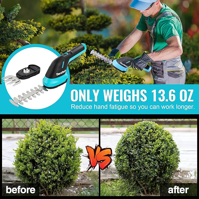 DURATECH Cordless Hedge Trimmer, 3.6V 2-in-1 Handheld Rechargeable Grass Trimmer & Hedge Shears with USB Type-C Cable, Built-in Li-ion Battery, Electric Shrub & Grass Shears for Garden, Yard and Lawn