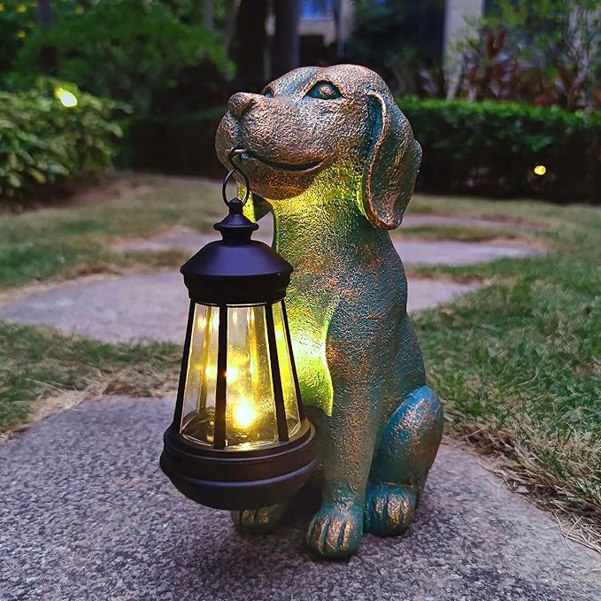 Dog Garden Statues with Solar Lantern Outdoor Decor-Dog Solar Figurines Lights Decorations for Patio Yard Lawn Ornaments-Gifts for Birthday Easter Housewarming