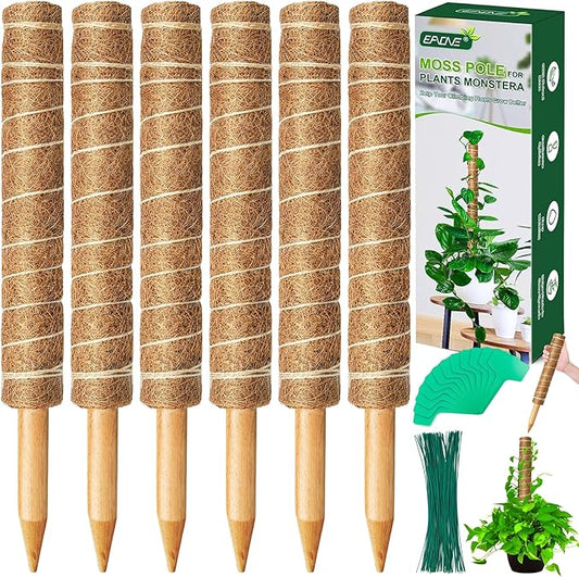 EAONE Moss Pole 96 Inch, 6 Pack 16" Monstera Plant Support for Climbing Potted Live Plants Indoor, Stackable Coco Coir Moss Sticks Monstera Stakes for Pothos Philodendron, with Garden Labels & Ties