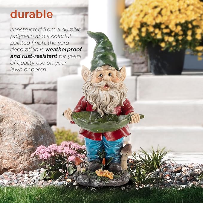 Alpine Corporation 16" Tall Outdoor Garden Gnome and Bird Feeder Yard Statue Decoration