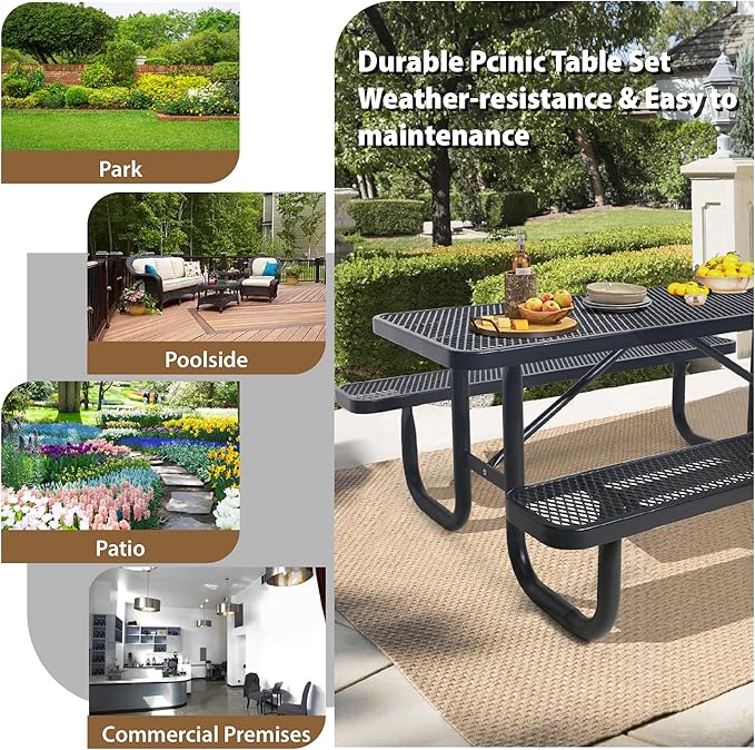 4FT Metal Picnic Tables for Outdoors, Commercial Rectangular Picnic Table and Bench Set for Outside, Patio, Garden, Backyard, Porch, Surface Mount, Black