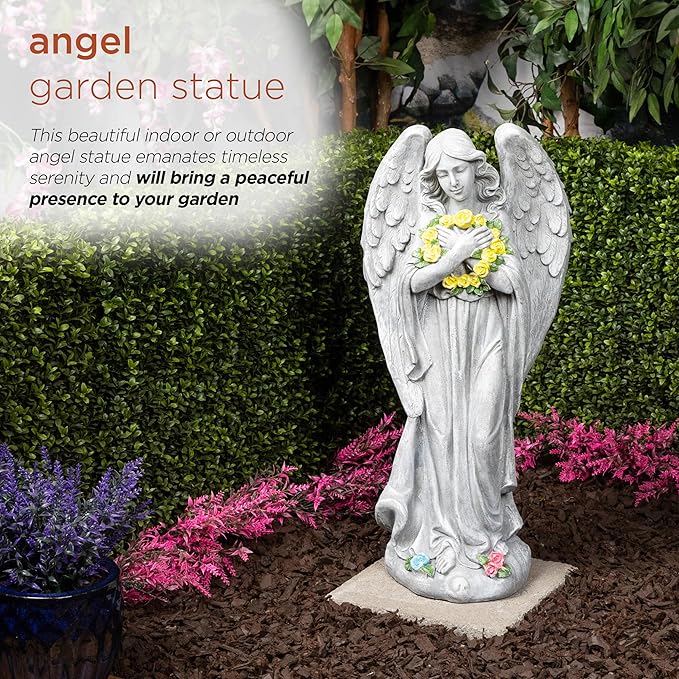 Alpine Corporation MCC832 Angel with Yellow Flower Wreath Statue, Meaningful Décor for Garden, Patio, & Lawn, 29" H, Multicolor