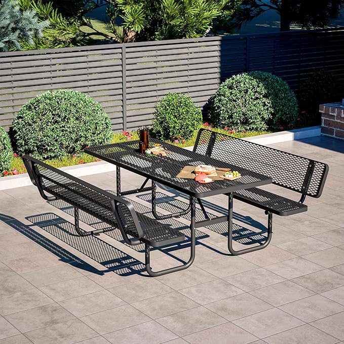 79'' Steel Rectangular Picnic Table for Outdoors, with backrest, Expanded, Lifetime Picnic Table with Umbrella Hole, Heavy Duty Sturdy Commercial Picnic Tables for Garden Courtyard BBQ, Black