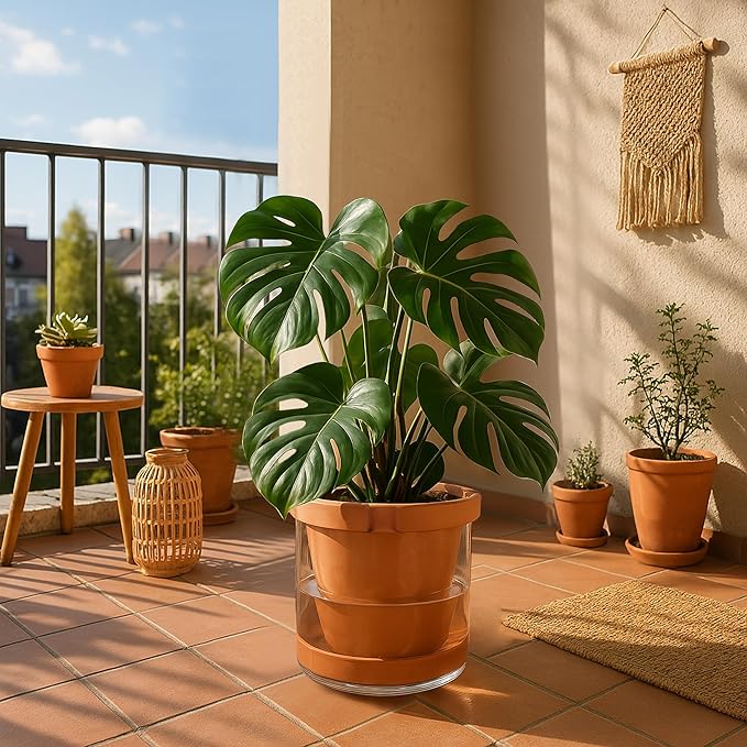 D'vine Dev 10 Inch Design Self Watering Pot for Indoor Plants, Terracotta Planter with Cylinder Glass Cup, 37-X-D-1