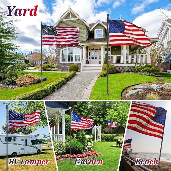 2 Pack Ground Flag Pole for Outside House - 8.5 FT Tangle Free Heavy Duty Flag Pole Kit with Windproof Stand,Outdoor Inground Flag Holder for Yard Garden, Includes Bonus 3x5 American Flag,Black
