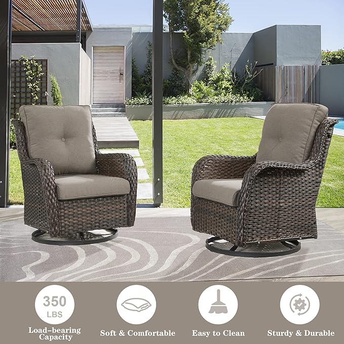5 Piece Outdoor Patio Furniture Set - Wicker Furniture Patio Conversation Set, Outdoor Swivel Rocker Chairs with 3-Seater Sofa and 2 Ottomans for Small Space, Gray Cushion