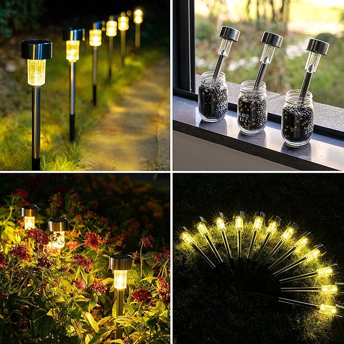 GIGALUMI Solar Pathway Lights 12 Pack, Stainless Steel IP44 Waterproof Auto On/Off Outdoor LED Solar Landscape Lights for Garden, Yard, Patio, Path and Walkway. (Warm White)