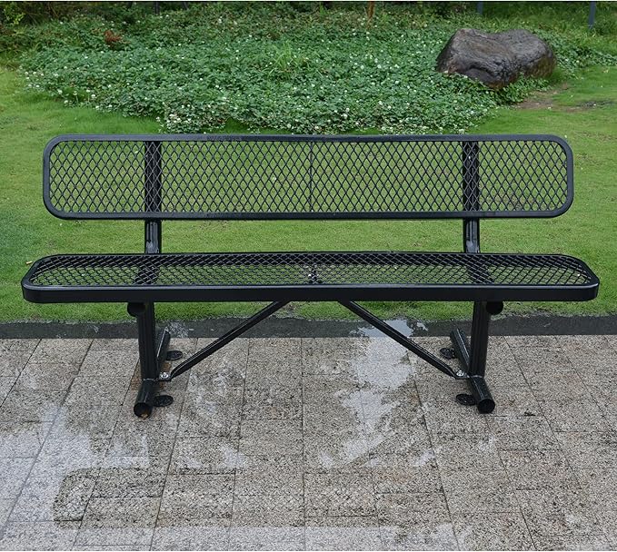 6 FT Heavy Duty Park Bench, Outdoor Metal Black Bench with Back-Commercial Steel Benches for Outside, 2-4 Person Seat-Garden Benches with Portable Frame for Outdoors