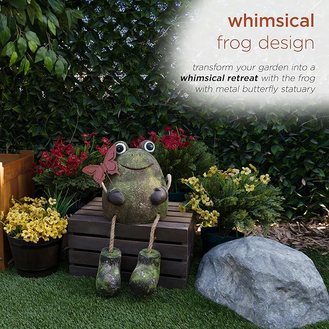 Alpine Corporation MCC836 Indoor/Outdoor Frog with Butterfly Garden Statue, Playful Frog Statue for Yard, 20" H, Green