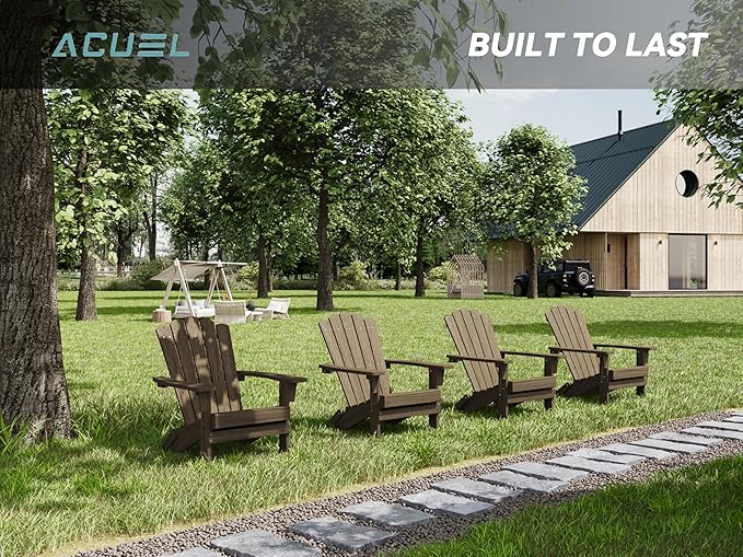 Folding HDPE Adirondack Chair, Weather-Resistant Patio Chair with Wide Armrests & High Backrest, Fire Pit Chair for Garden, Backyard, Porch - Light Brown