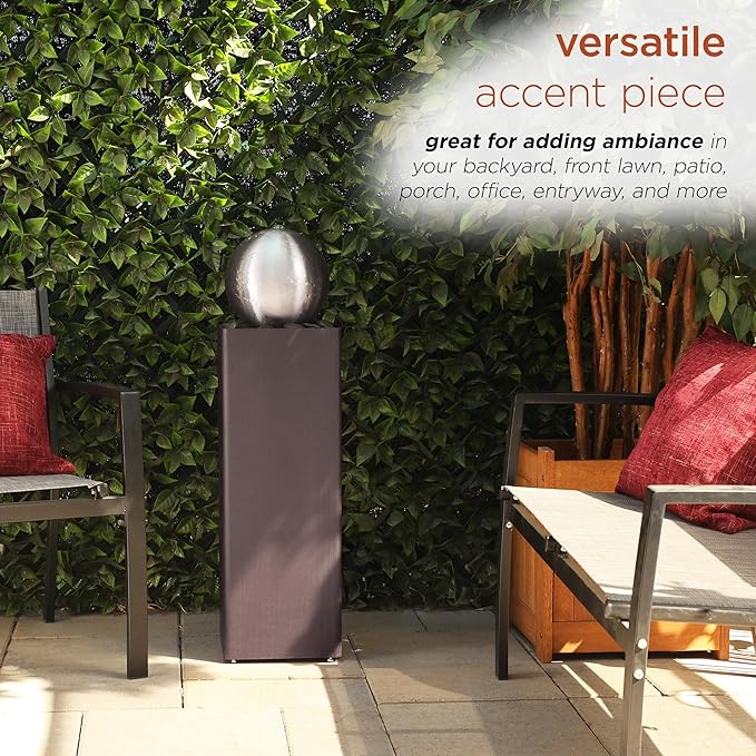 Alpine Corporation CPS188 Indoor Outdoor Modern Metal Orb Water Floor Fountain with River Rock Stone for Patio, Garden and Living Room, 37" H, Brown