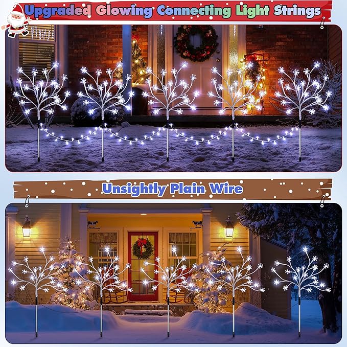 Enhon 5 Pack Snowflake Christmas Pathway Lights, 180 LED Garden Stake Lights with 8 Light Modes and Timer Function, Waterproof Xmas Decoration Tree Light for Outdoor Yard Lawn Patio Decor (Cool White)