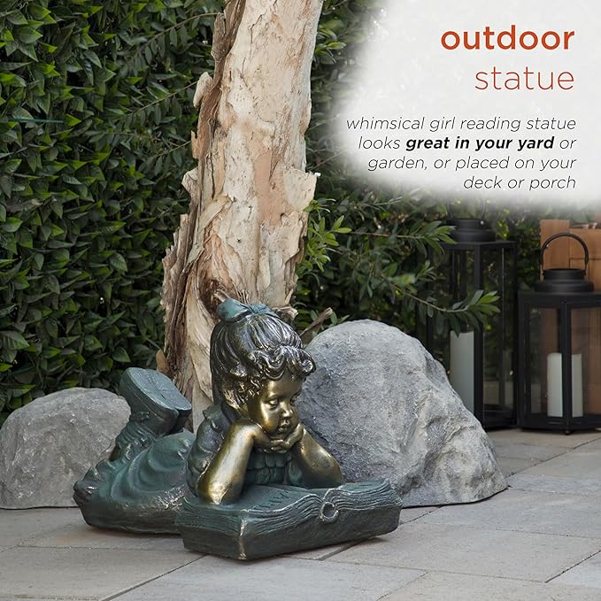 Alpine Corporation 16" Tall Indoor/Outdoor Girl Laying Down Reading Book Statue Set Yard Art Decoration