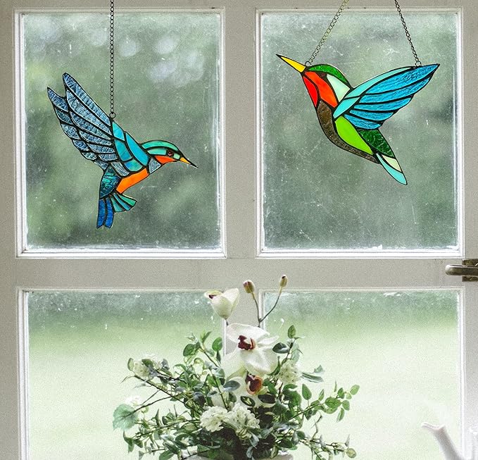 2 Pack Hummingbird Stained Glass Birds Window Hangings, Stained Glass Decorations,Bird Suncatcher for Window Decor Hummingbird Gifts for Mom,Bird Lovers