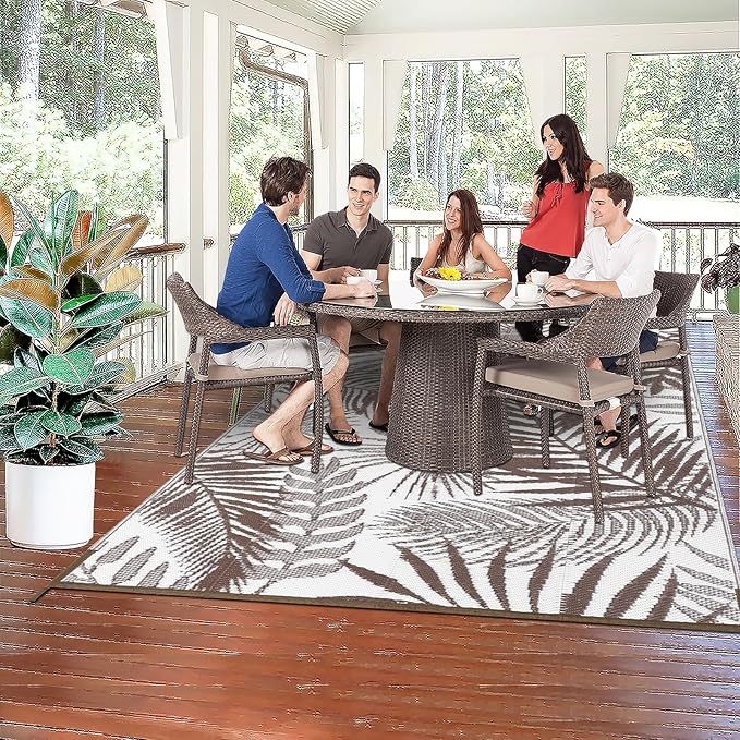 HiiARug Outdoor Rug 6x9Ft Outdoor Plastic Straw Rug Waterproof Outdoor Rugs for Patios Clearance Large Reversible Patio Mat Outdoor Area Rug for Patios Deck Beach RV Camper Backyard,Brown&White