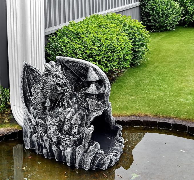 Dragon Gutter Diverter Rain, Outdoor Decor Sculpture, Garden Rain Downspout Diverter, Splash Block, Gutter Extender, Decorative Extension, Animal Statue,Eco-Friendly Resin, Fits 3x4 Downspouts