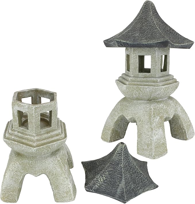 Design Toscano Asian Decor Pagoda Lantern Indoor/Outdoor Statue, Set of 2 Large, Cast Stone Resin, Two Tone Stone Finish