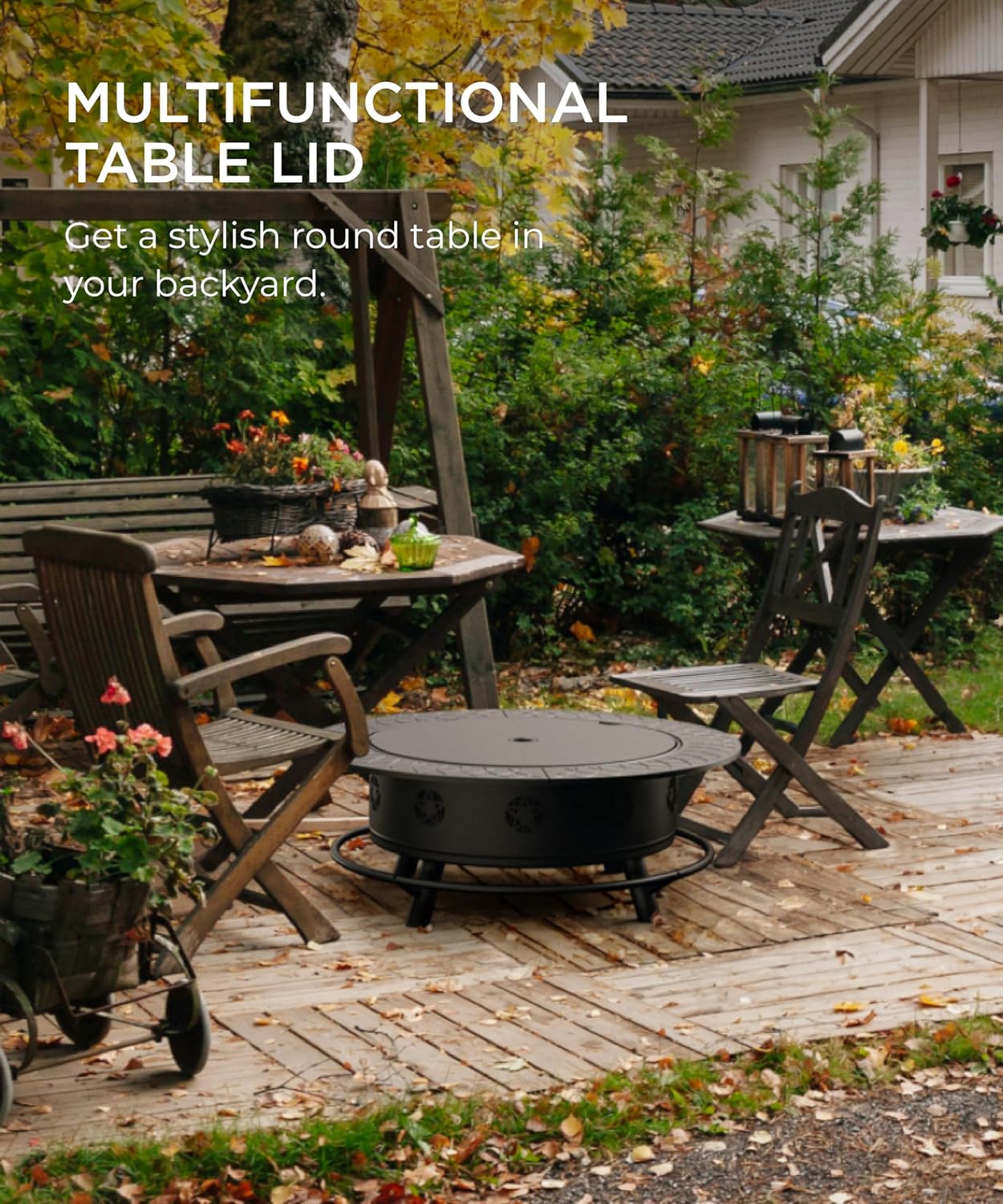 43 Inch Fire Pit with BBQ Grill, Wood Burning Fire Pits for Outside with Lid & Poker, Extra Large Heavy Duty Firepits, BBQ & Outdoor Firepit & Round Metal Table 3 in 1 for Bonfire, Patio, Picnic