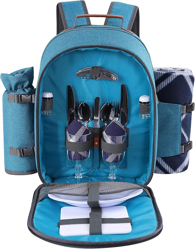 Apollo Walker Picnic Backpack Set for 2 Person with Cooler Compartment, Detachable Bottle/Wine Holder, Fleece Blanket, Plates and Cutlery Set (Teal)