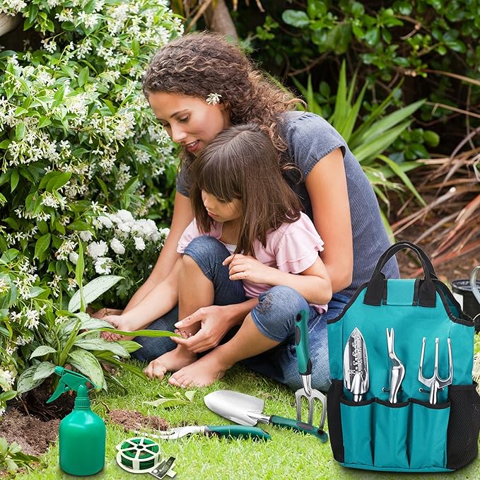 FiveJoy Garden Tool Set, 11 PCS Aluminum Gardening Hand Tools with Tote Bag, Ergonomic Handle, Gift for Women, Men, Mom, Dad, Garden Starter Kit