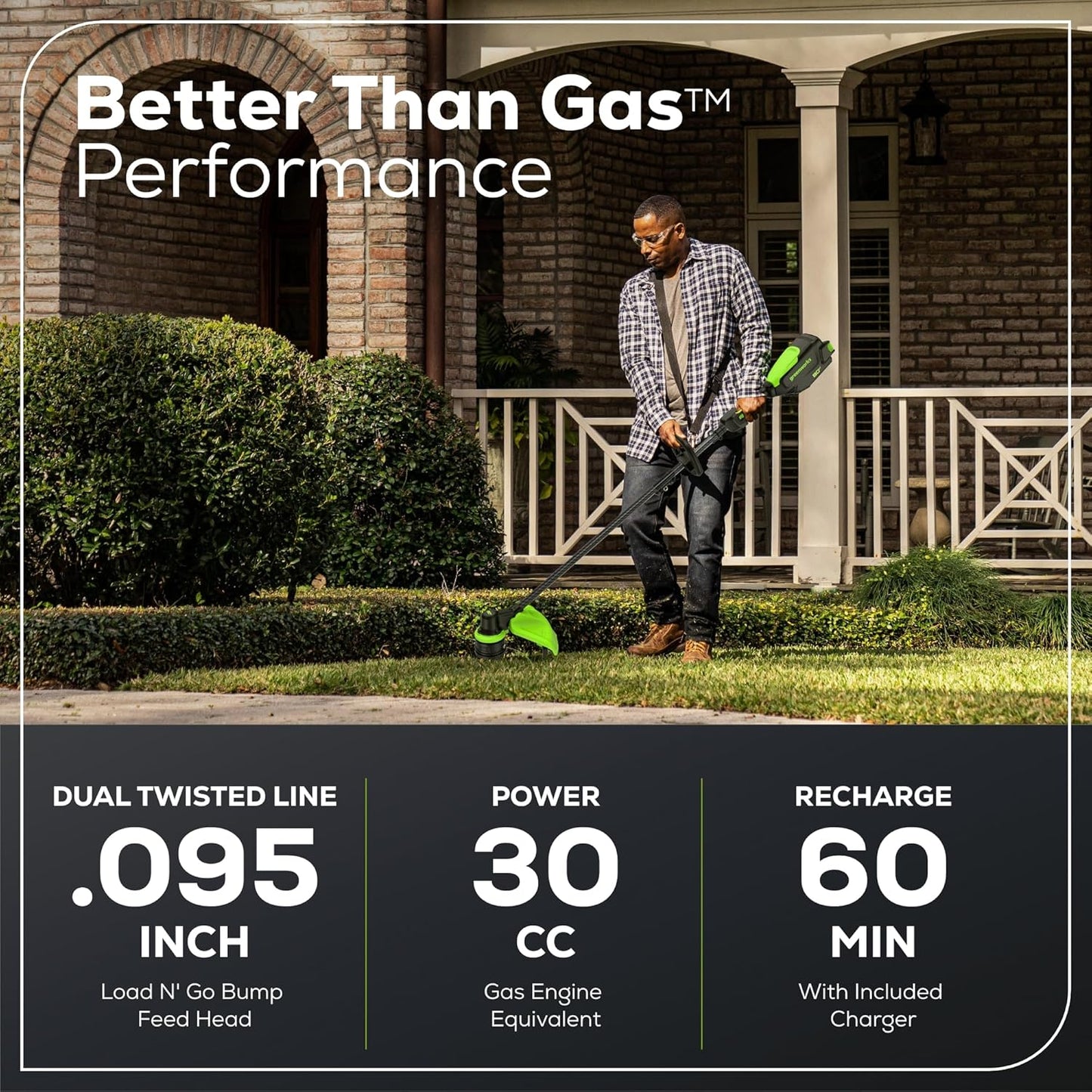 Greenworks 80V 16" Carbon Fiber Brushless Cordless String Trimmer - 2-Mile Fence Line & Driveway Edging Pro, 2.0Ah Battery/Charger Included, 23% Lighter vs Gas Trimmers