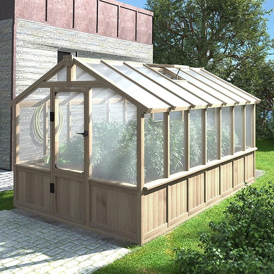 8x14 FT Outdoor Greenhouse Kit, 6MM Thick Polycarbonate Panel Wooden Walk-in Green House with Adjustable Roof Vents & Roof Vents, Backyard Garden, Light Mocha Brown