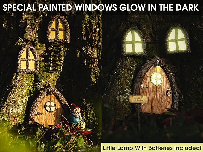 Fairy Door and Windows for Trees – Glow in The Dark Yard Art Sculpture Decoration for Kids Room, Wall and Trees Outdoor | Miniature Fairy Garden Outdoor Decor Accessories with Secret Garden Sign