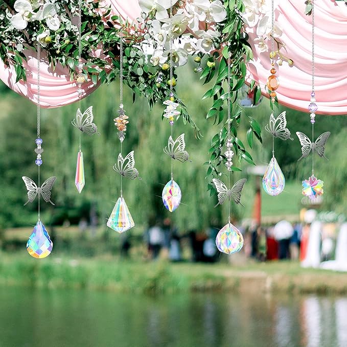 Hicarer 7 Pieces Crystals Suncatcher Butterfly Prism Sun Catchers Colorful Crystal Chandelier Rainbow Pendant Christmas Tree Decor Wall Hanging Window Ornament