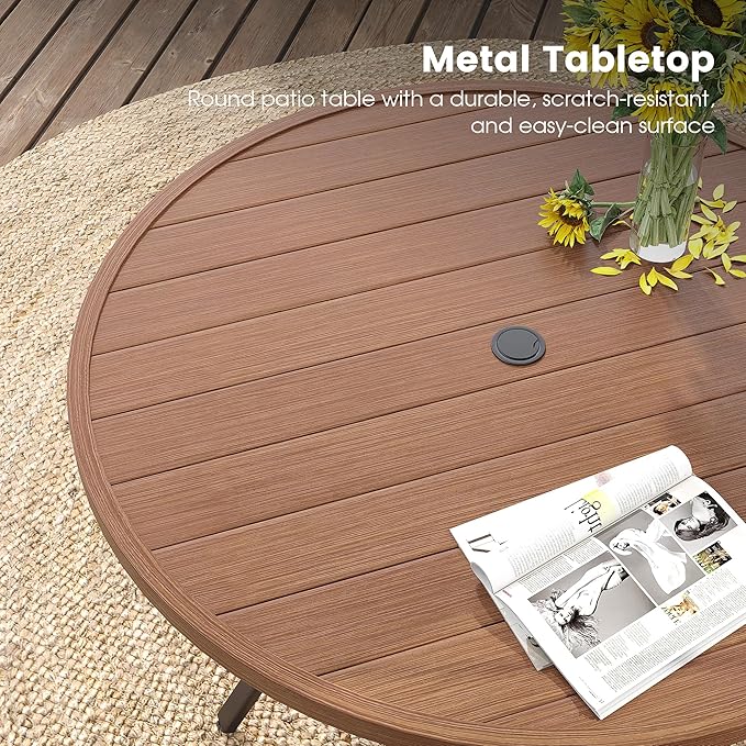 DIFY 48" Round Patio Dining Table for 6, All Weather Round Outdoor Metal Dining Table with 1.57" Umbrella Hole, Perfect for Backyard Lawn Garden, Walnut