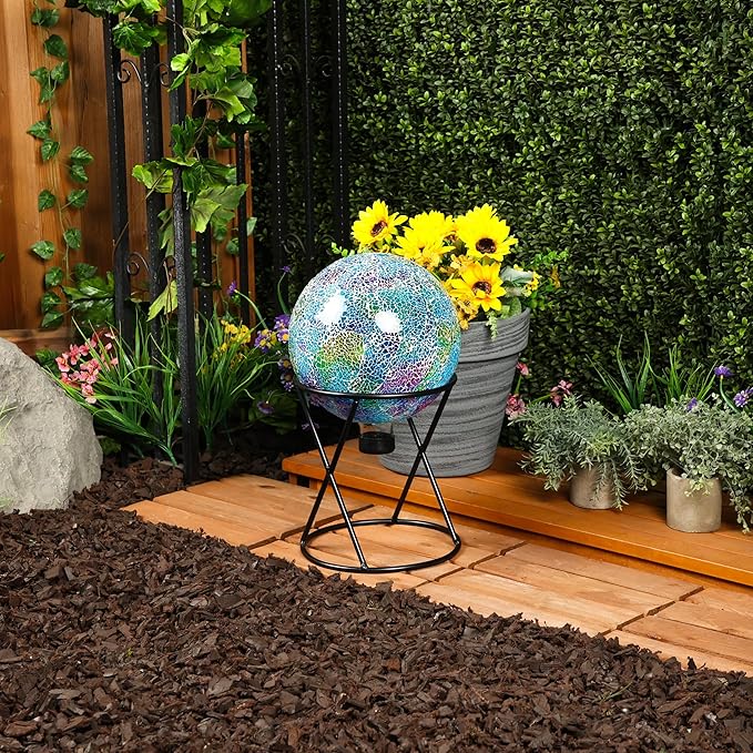 Alpine Corporation HMD226 Shades of Blue Crackle Glass Gazing Ball, Colorful Home Décor for Patio & Garden, 12" H, Multicolor