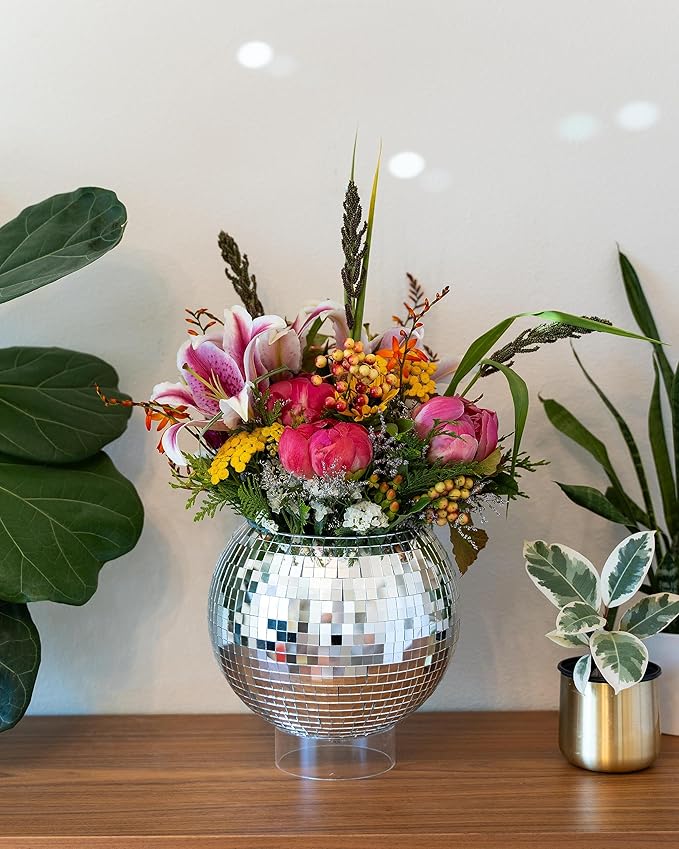 Hanging Disco Ball Planter 8" - with Acrylic Stand and Macrame Plant Hanger - Home Décor, Room Décor, Mirror Disco Planter, Disco Decor (10" with Base)