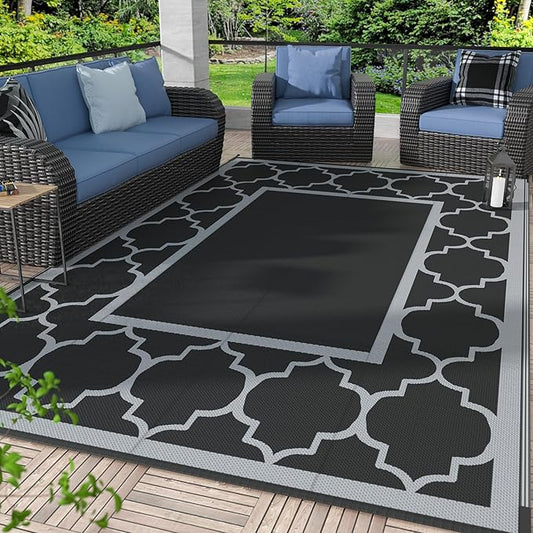 GENIMO 4 ' x 6 ' Outdoor Rug for Patio, Waterproof Indoor Outdoor Plastic Straw Rugs Carpet, Reversible Outside Area Mat for Camping, Balcony Porch, Deck, Picnic, Beach Black Grey