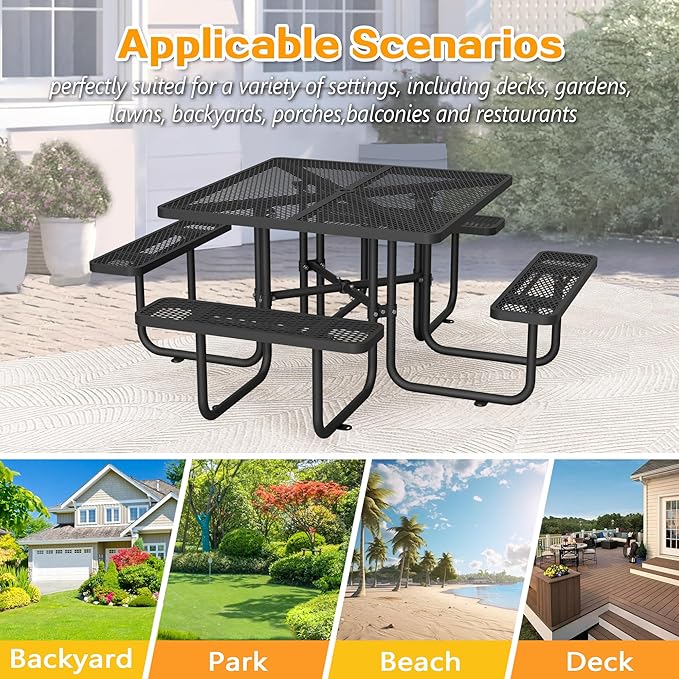 79'' Steel Square Picnic Table for Outdoors, Expanded, Lifetime Picnic Table with Umbrella Hole, Heavy Duty Sturdy Commercial Picnic Tables for Garden Courtyard BBQ, Black