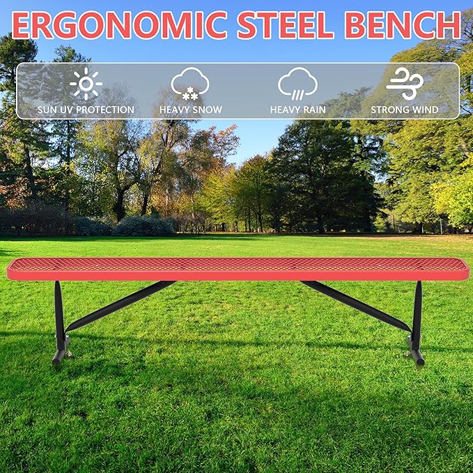 48" L Outdoor Steel Flat Bench, Heavy Duty Metal Park Bench for Outside, Expanded Metal, Commercial Benches Mesh Bench for Shopping Mall, Store, Lawn, Park, Patio, Deck, Garden (Red, 8FT)