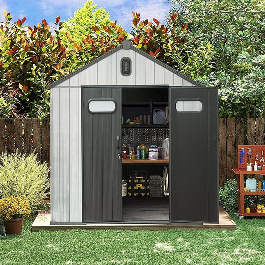 Domi 6x6 FT Outdoor Resin Storage Shed, All-Weather Double-Wall Storage Building for Backyard, Garden, Lawn Tools, Mower, Bike & Pool Equipment, Lockable Doors, Ventilated Roof, Grey