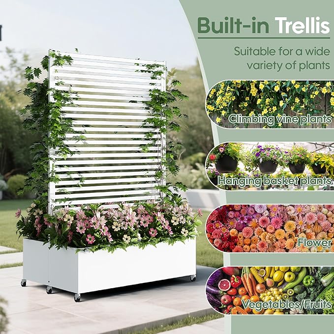 Double Metal Planter Box with Trellis Privacy Screen, Raised Garden Bed with Trellis & Wheels, Planter Box Outdoor with Drainage Holes for Climbing Plants, Vegetable, Vines,73"x 47"x 30", White