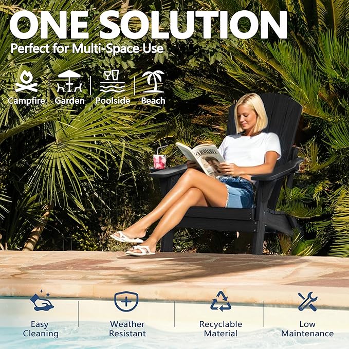 Folding Adirondack Chair Set of 4 with Cup Holder, HDPE All Weather Resistant Plastic Outdoor Patio Chairs, Heavy Duty Fire Pit Seating for Backyard Lawn Garden, Wooden Textured Design(Black)