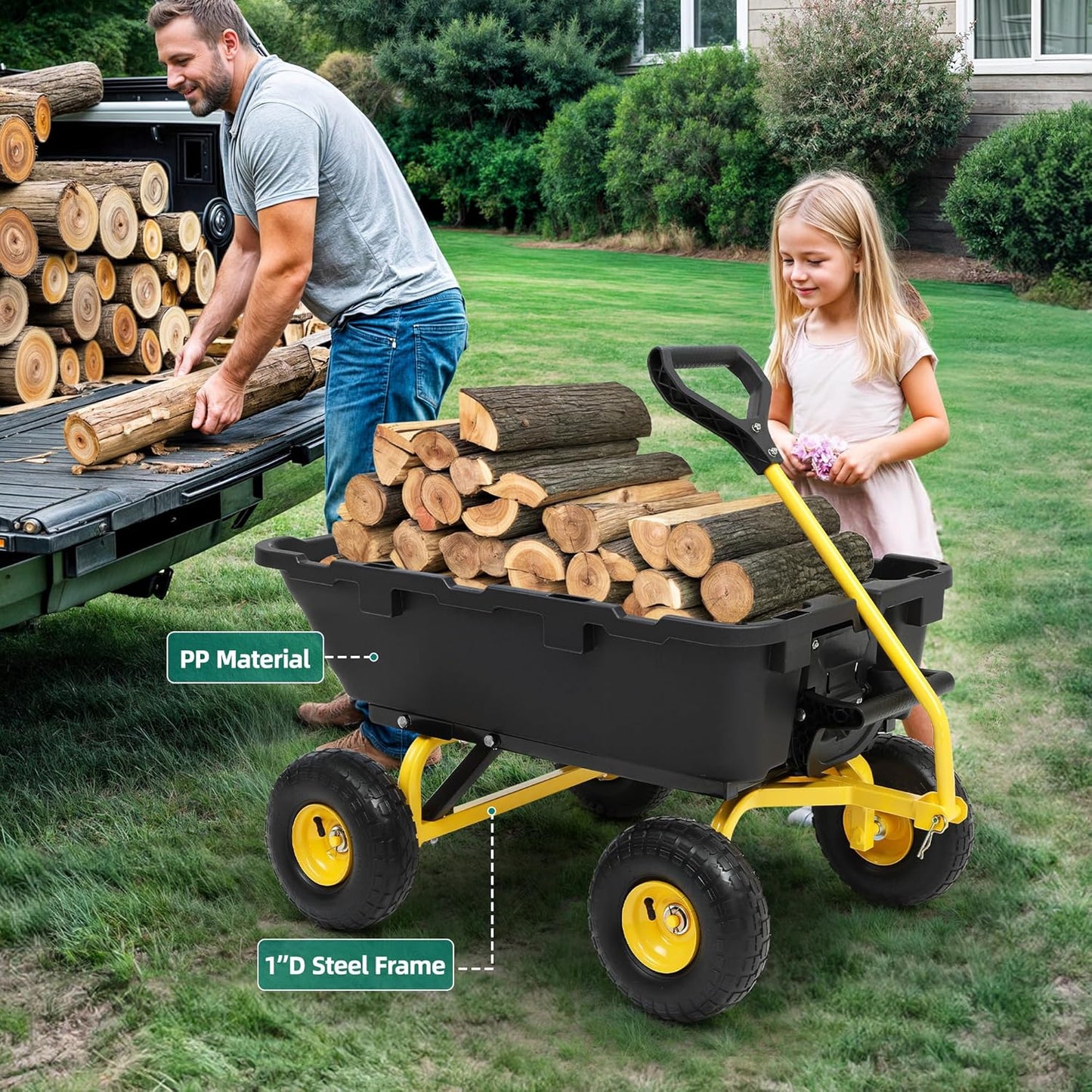 800lb Garden Dump Cart, Heavy Duty Wheelbarrow Dump Wagon with 4 Wheels&Quick-Release Dumping, Utility Wagon Carts for Halloween Pumpkin Hauling Yard, Farm and Garden(Yellow)