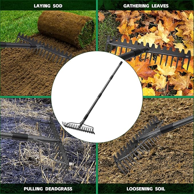 63'' Bow Rake ，17 Tines Metal Head Rakes with Stainless Steel Handle，Heavy Duty Garden Rake for Loosening Soil Gathering Leaf Leveling Lawn Farming Land Management Yarn Thatch Rake