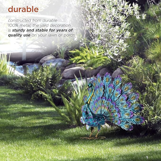 Alpine Corporation - 23" Tall Outdoor Metallic Peacock Tail Spread Yard Statue – Vibrant Garden Sculpture for Patio, Lawn, or Entryway (Multicolor)
