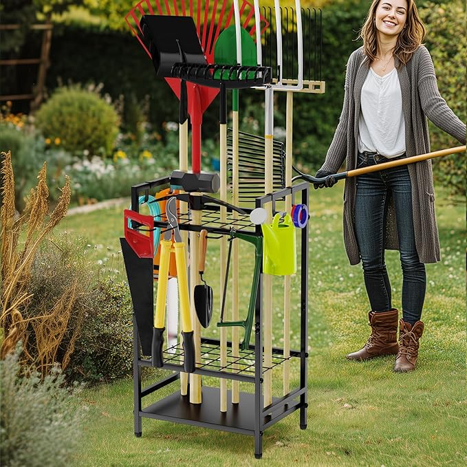 Garden Tool Organizer Rack for Garage, Yard Tool Tower Rack Organizer, Tools Stand Storage with Hooks Black Metal Garden Tools Holder for Yard Shed Garage Organization