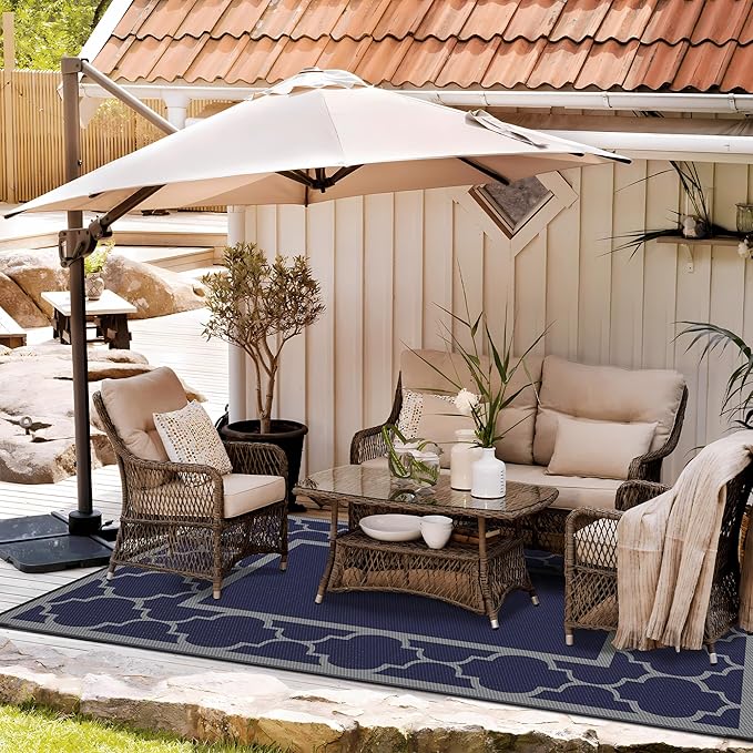 GENIMO Outdoor Rug 5' x 8' Patio Waterproof, Foldable Reversible Plastic Straw Area Rugs Mat for Camper Decor, Outside Carpet for Rv, Deck, Porch, Picnic, Beach, Balcony, Blue & Grey