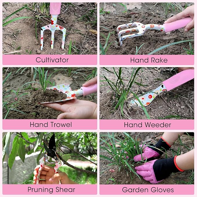 Gardening Gifts for Women, MQJIAZHI Gardening Tools for Women, Garden Tool Set, Floral Gardening Hand Tools with Garden Tools Bag, Heavy Duty Gardening Kit Women Gifts for Mom, Girlfriend (Pink)