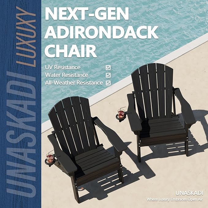 Folding Adirondack Chair Set of 3 with Cup Holder, HDPE All Weather Resistant Plastic Outdoor Patio Chairs, Heavy Duty Fire Pit Seating for Backyard Lawn Garden, Wooden Textured Design(Black)